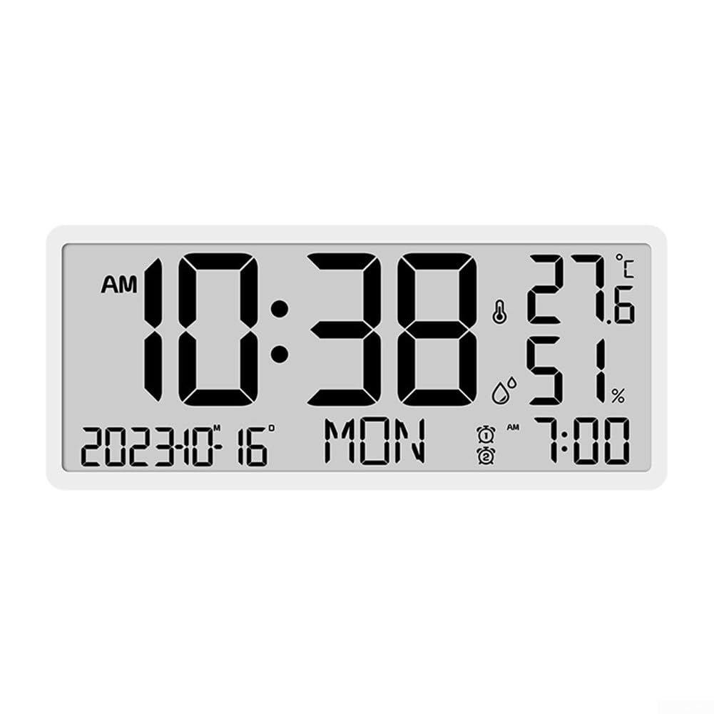 Reloj de pared digital LED grande de 34 x 15 x 3 cm, fecha de visualización grande, año, temperatura, humedad, reloj despertador montado en la pared para el hogar, oficina, gimnasio, ancianos (blanco)