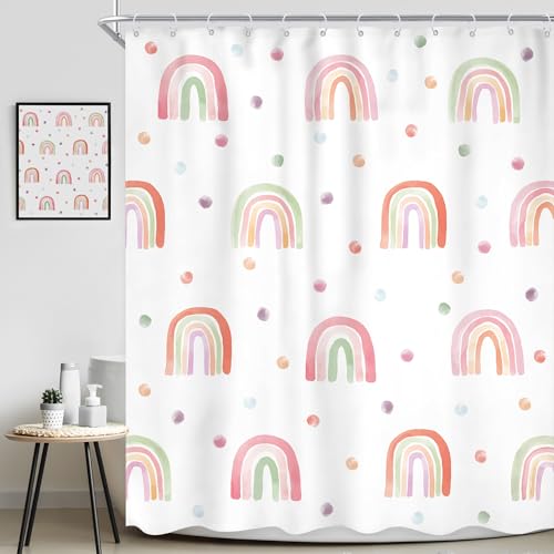 Image of Kids Rainbow Shower Curtain for Girls Cute Girly Polka Dot Shower Curtain | Toddler Nursery Child Bathroom Set Modern Minimalist Aesthetic Curtain Bathtub Accessories Decor 60Wx72L