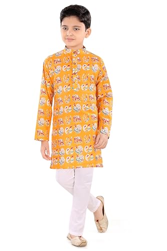 Image of TinySteps Boys Cotton Kurta Pajama | Traditional Ethnic Wear Pure Cotton Printed Kurta With Elastic Waist White Pajama