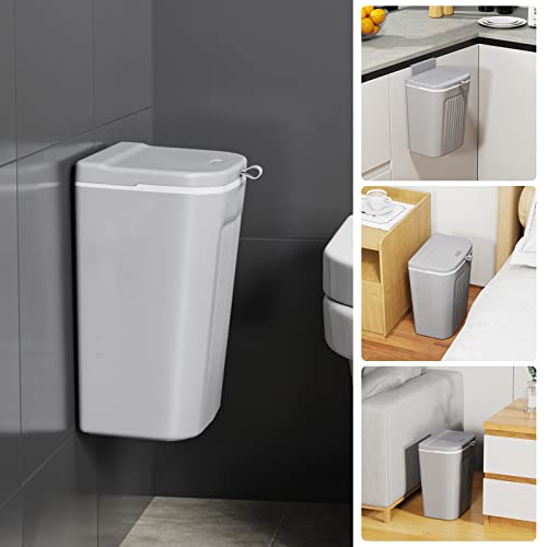 Netdot 4 Pack 9 Liter/2.4 Gallon Hanging Trash Can With Lid, Bathroom Garbage Can, Small Compost Bin Waste Basket For Kitchen,Bathroom,Bedroom,Living Room - Grey #TOP15
