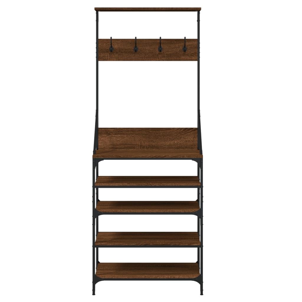 Kleiderständer mit Schuhablage Braun Eiche-Optik Holzwerkstoff Metall 70x34x184 cm freistehend stabil platzsparend für Schlafzimmer Flur Wohnzimmer mit Rollen und Haken
