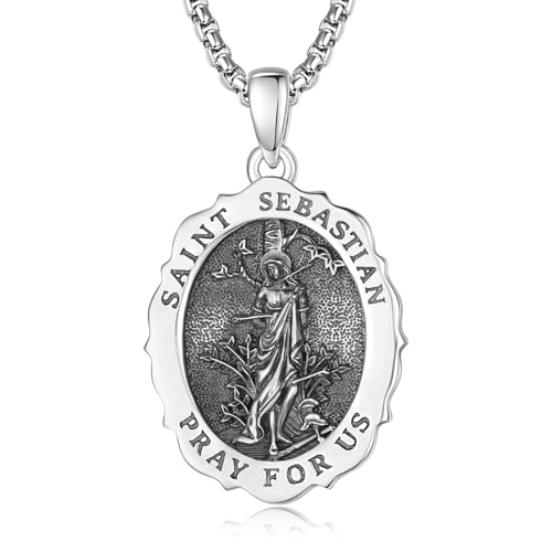 TANGPOET St Sebastian Medal Pendant Necklace for Men, 925 Sterling Slver Patron Saint of Athlete, Catholic Religious Jewelry Protection Gifts