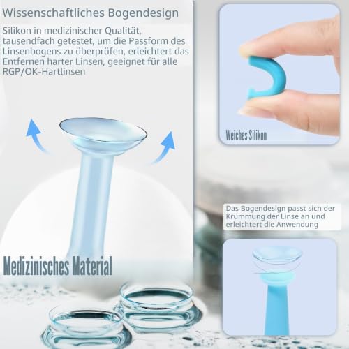 Kontaktlinsen Sauger Set, 6 Stück Silikon Kontaktlinsenentferner mit Aufbewahrungsbox, Einsetzhilfe für Hartlinsen & RGP, Formstabile Linsen, Tragbares Reinigungswerkzeug für RGP/OK Lens(Blue)