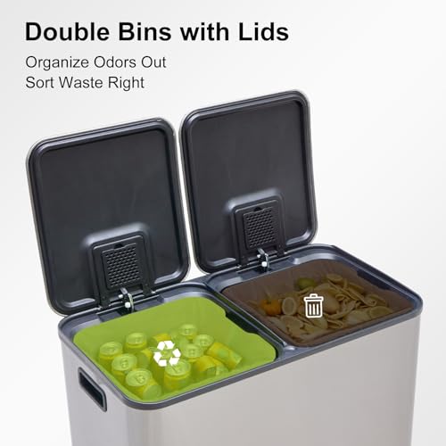 Image of DUMOS 2 x 10.6 Gallon Kitchen Trash Can with Lid, Stainless Steel Garbage Can with Soft-Close Lid & Removable Inner Buckets, Dual Compartment Step-on Waste Bins for Kitchen Bathroom Bedroom Office