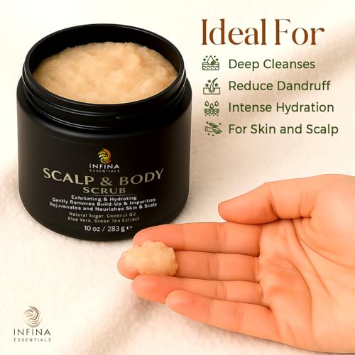 Scalp and Body Scrub – Exfoliating Sugar Cleanser with Coconut Oil, Menthol & Aloe – Dual-Use Polisher for Dry Skin & Flaky Scalp – Soothing, Cooling & Hydrating - INFINA ESSENTIALS | 8.45 fl oz - Image 5
