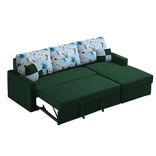 Image of Orland 4 Seater LHS L Shape Sofa Cum Bed for Living Room | Color - Green | Premium Fabric Sofa