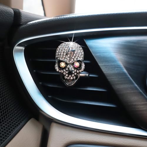 Image of ORIESSE Skull Car Decor 2pcs Bling Skull Car Air Fresheners Vent Clips Black Silver Lightning Skeleton Goth Accessories for Teens Horror Refillable Essential Oil Diffusers