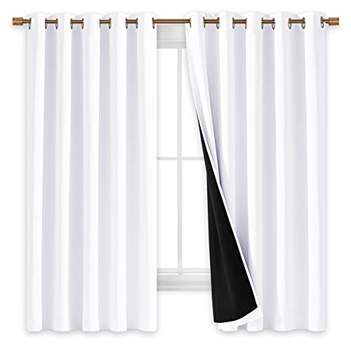 Image of NICETOWN White 100% Blackout Lined Curtains, 2 Thick Layers Completely Blackout Window Treatment Thermal Insulated Drapes for Kitchen /Bedroom (1 Pair, 70 inches Width x 63 inches Length Each Panel)