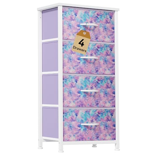 DWVO Dresser with 4 Drawers - Storage Tower Unit, Dresser for Room, Living Room, Closets - Sturdy Steel Frame, Wooden Top & Easy Pull Fabric Bins,Purple