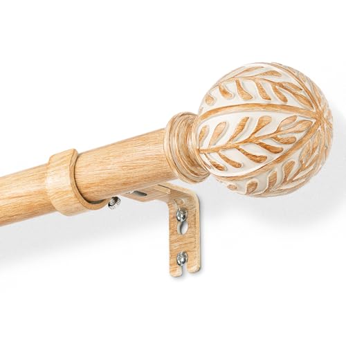 DEFYNEE Extendable Curtain Poles 76-305 cm | 25mm Metal Core with Wood Effect | Leaf Design Finials Curtain Rod for Windows & Doors Brown