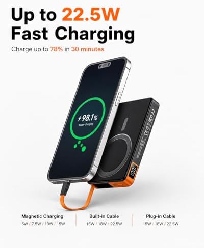 for Magsafe Power Bank iPhone, Magnetic Portable Charger 10000mAh | Built-in USB C Cable, Foldable Stand for Viewing, Up to 22.5W Fast Charging, Travel & Daily Use for iPhone 12-17 Pro/Pro Max