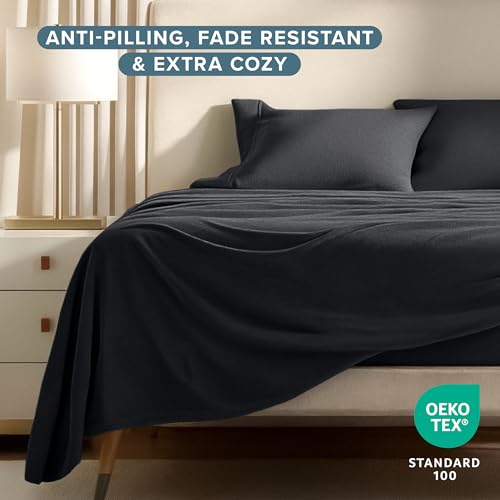 Image of Bare Home Super Soft Fleece Sheet Set (Queen, Black) | Extra Plush Polar Fleece, No-Pilling Bed Sheets, All-Season, Cozy Warmth, Deep Pockets 6 to 15 Inches