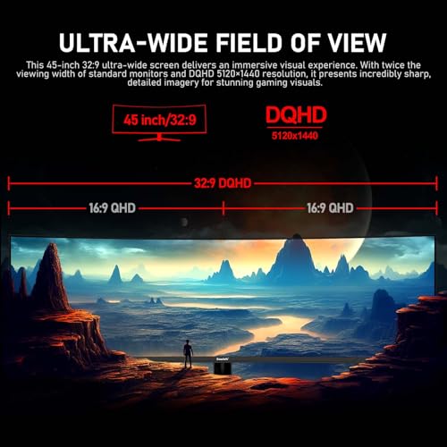 Image of Gawfolk 45 inch Ultra-Wide Curved 1500R Gaming Computer Monitor, DQHD(5120x1440) PC Screen, 185Hz, 1MS, FreeSync, 120% sRGB, Built-in Speaker, HDMI2.1 & DP1.4, Compatible Wall Mount 100 * 00mm- Black