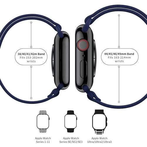 Image of AMANECER Stretchy Nylon Band Compatible with Apple Watch Ultra 3 /2 /1 SE Series 11 /10 /9 /8 /7 /6 /5 /4, Adjustable Braided Elastic Sport Loop Rugged Straps for iWatch Women Men (Navy Blue, 44 /45 /46 /49MM)