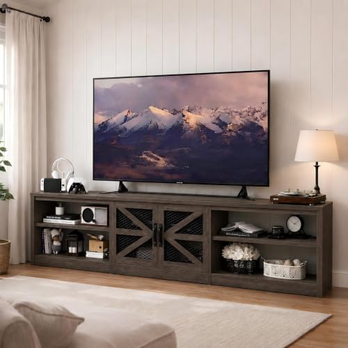 Domvaranique 78.7" Farmhouse TV Stand with RGB LED Lights, Rustic Brown