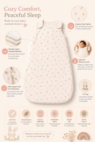 Image of TuddyBuddy Baby Cotton Wearable Quilted Sleeping Bag Blanket 1.5 Tog with 2 Way Zipper Closure | Ideal for Babies & Kids Hypoallergenic Fabrics | (Pink Butterflies - Off White, 0-6 Months)