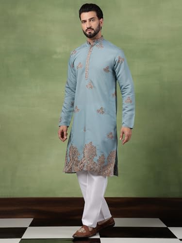 Image of SOJANYA (Since 1958 Men's Cotton Contrast Coffee Thread Embroidered Long Kurta