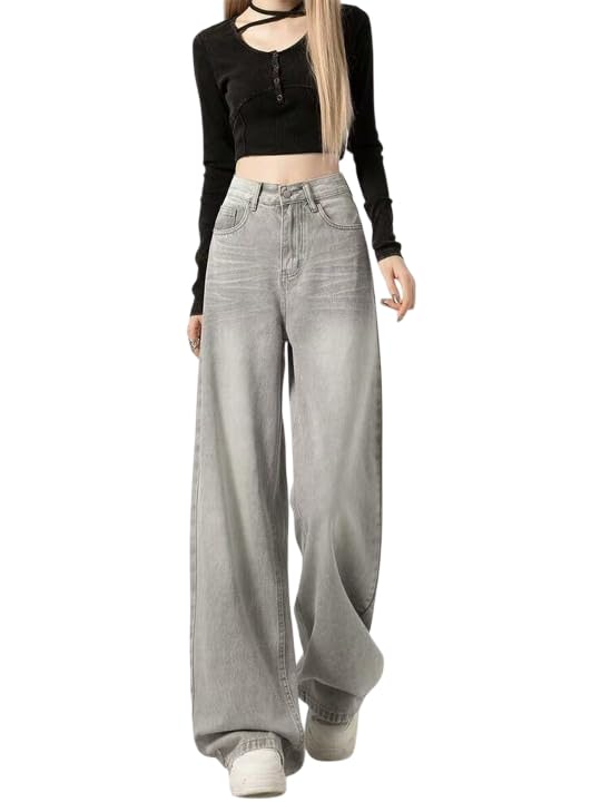 Image of KOTTY Women Trendy Wide Leg Jeans High Waist Baggy Fit Denim Streetwear Jeans