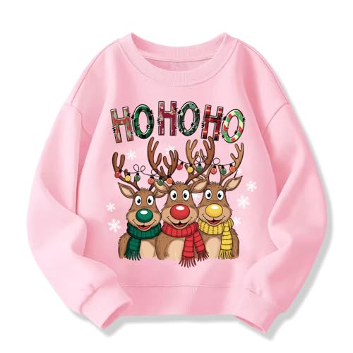 QHKEPW Christmas Boys Girls Jumper Xmas Reindeer Snowflake Kids Sweatshirt Toddler Top Long Sleeve Round Neck Cotton Casual Clothes T Shirt 2-3 Years Old Pink