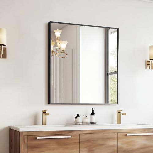 Image of Sweetcrispy Bathroom Mirror for Over Sink, 30 inch x 36 inch Rectangle Wall Mount Mirrors with Metal Frame, Modern Vanity Mirror with Tempered Glass, for Home Decor, Anti-Rust, Black