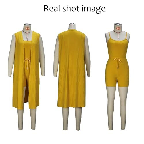 Womens Shorts Set 3 Piece Lounge Outfits Set Ribbed Long Cardigan Crop Tank Casual Sets — view 6