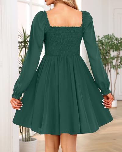 Image of Holipick Women's Casual Square Neck Smocked Dress Shirred Ruffle Puff Sleeve High Waist Cute Flowy A-Line Short Dress