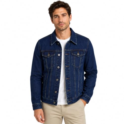 Image of Men’s Denim Jacket Classic Vintage Western Trucker Jean Coat – Heavy Duty Stonewash Workwear Biker Casual Button Up Long Sleeve Regular Fit Outerwear, UK Sizes S–XXL, Denim-S