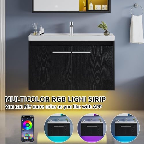 4ever2buy 31\" Floating Bathroom Vanity with Sink, Modern Black Bathroom Vanity with LED Light, Wall Mounted Sink Cabinet with 2 Doors, Black - Thumbnail 3