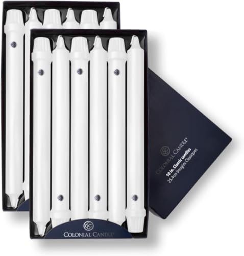 Image of Colonial Candle Unscented Taper Candle, Classic Collection, White, 10 in,Up to 8 Hours Burn, 12 Count (Pack of 12)