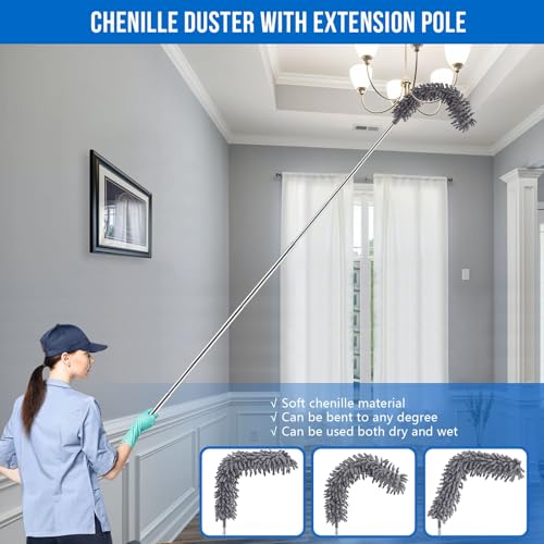 Image of UIMO Microfiber Feather Duster 5-in-1 Kit for Dusting and Cleaning - 30-100 inch Extension Pole, Anti-Slip Grip, Bendable Washable Heads for Ceiling Fan, Furniture, Car (Blue)