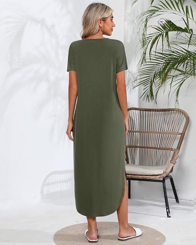 Image of Riyiper 2 Pieces Women's Short Sleeve Maxi Dress Round Neck Casual Loose Split Long Summer Beach Shirt Dress with Pockets (Dark Gray, Army Green,Medium)