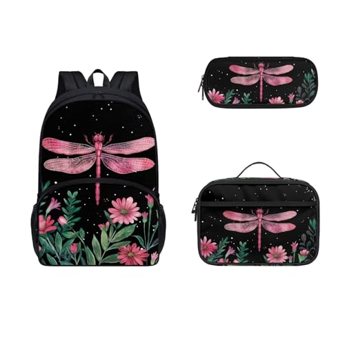 Set di 3 zaini per bambini con borsa per il pranzo e custodia per penne da universitaria Libellula 17 pollici