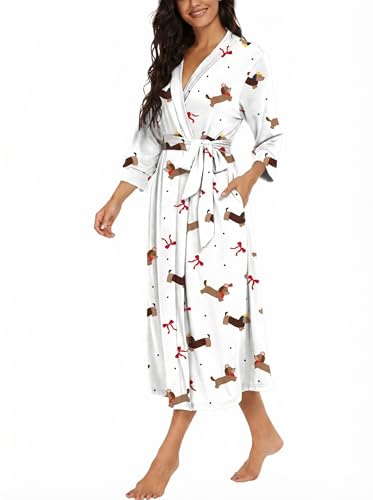 Image of VINTATRE Robes for Women Long Knit Bathrobe XS-4XL | 3 /4 Sleeve Bathrobes with Pockets, Stretchy and Lightweight Fabric, Inner Tie and Fixed Outer Belt, Mid Calf Length