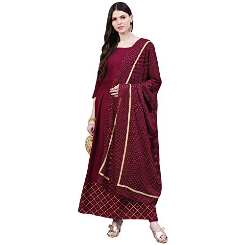 Image of Stylum Women's Checkered Rayon Flared Kurta with Dupatta Set