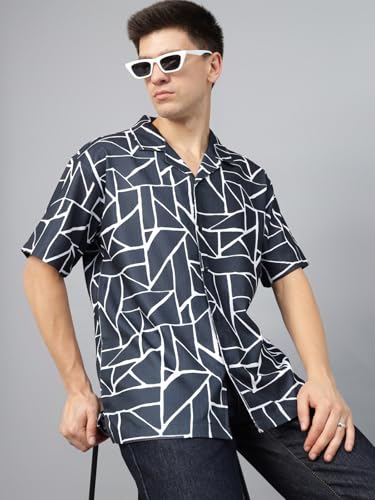 Image of Veirdo Poly Cotton Oversized Loose Baggy Fit Drop Shoulder Cool and Stylish Abstract Print Men Camp Collar Shirt
