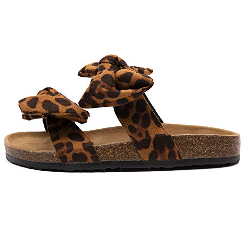 Womens Leopard Slide Sandals Soft Cork Footbed Slip On Slides with Arch Support Leather Knot Bow Sandal Slippers (Leopard, numeric_6_point_5)