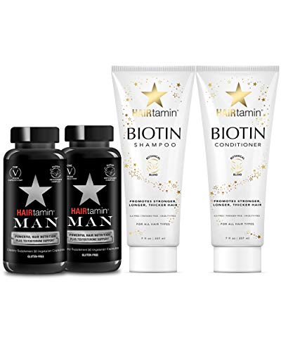 Hairtamin Biotin Shampoo and Conditioner Set for Men with Hair Growth Vitamins, Paraben-Free, Sulfate-Free, Natural Hair Thickening Regrowth Shampoos Conditioners, Thicker Fuller Beard, 60 CAPSULES