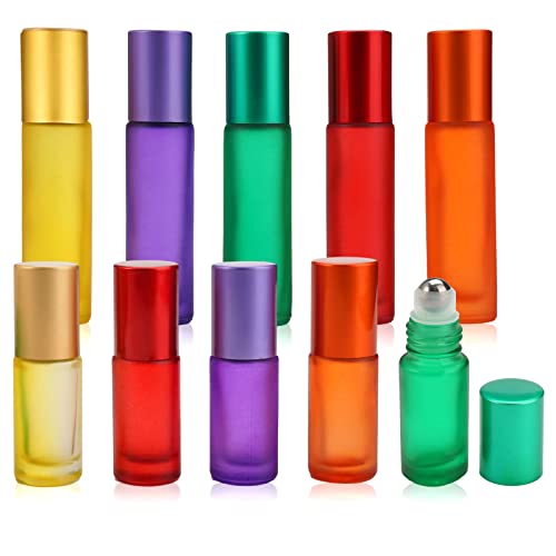 10 Botellas Roll On de Cristal Multicolor 5ml/10ml para Aceites Esenciales con Bola de Metal - Aromaterapia