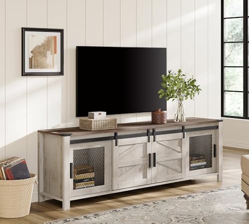 Image of WAMPAT Farmhouse TV Stand for 75 inch TV, Rustic Oak and White