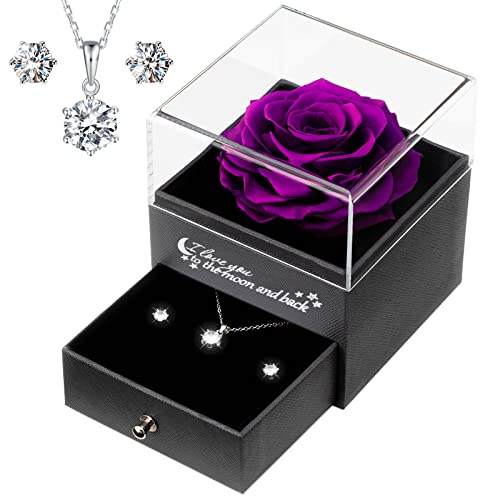 Yamonic Konservierte echte Rose mit Halskette und Ohrringe in Einer Geschenkbox, Rose Blume romantische Geschenke für Sie am Muttertag Valentinstag Jahrestag Geburtstag Geschenke für Frauen, Violett Cover