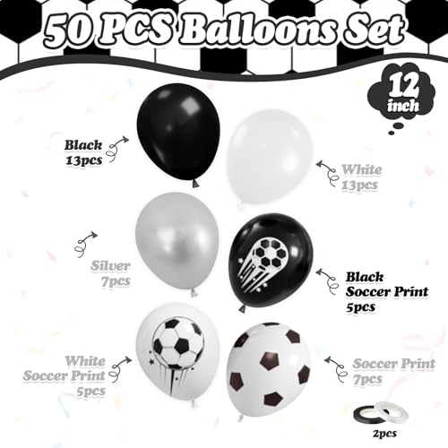 Image of Soccer Balloons, 50 Pcs Black White for Boys Sports Birthday Baby Shower | 12 Inch Black White Silver Soccer Print Latex Balloons for Soccer Football Baby Shower Game Day Sport Club Party Decorations