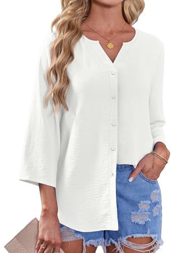 Image of OFEEFAN Button Down Shirts for Women 3 /4 Length Sleeve Tops V Neck Blouses Business Casual Outfits Loose Fit