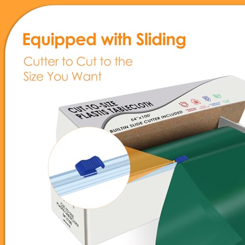 Image of tujol Dark Green Disposable Plastic Table Cloth Roll 54 inch X 100', Plastic Table Cover with Cutter Box, Cut to Size Disposable Tablecloth for Parties