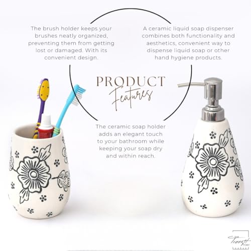 Image of Hand-Painted Ceramic Bathroom Accessories Set of 2 | 300ml Liquid Soap Dispenser & Toothbrush Holder | Rust-Proof Bathroom Organizer for Home & Wash Basin Decor | White Flower