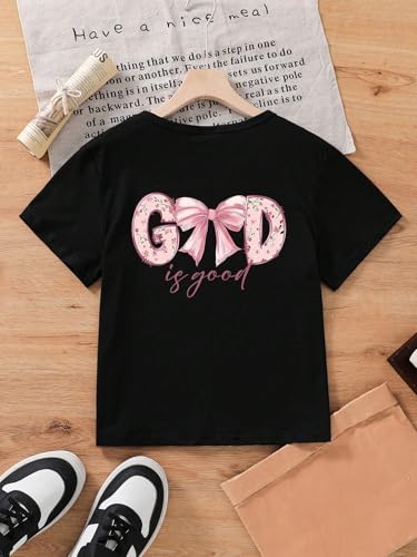 Image of SHENHE Girl's Cheetah Smile Face Tshirt Summer Short Sleeve Casual Cute Crewneck Tops Graphic Tees Shirt Letter Black 6Y