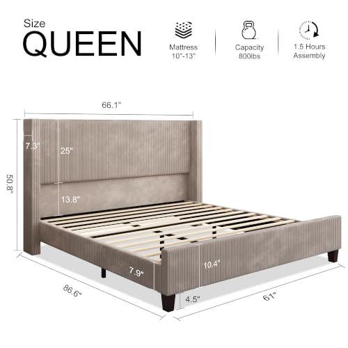 Image of HOWE Queen Size Bed Frame with 50.8 Inch Corduroy Wingback Headboard, Taupe | Modern Upholstered Platform Bed, Solid Wood Slats, No Box Spring Needed, Noise-Reducing Design