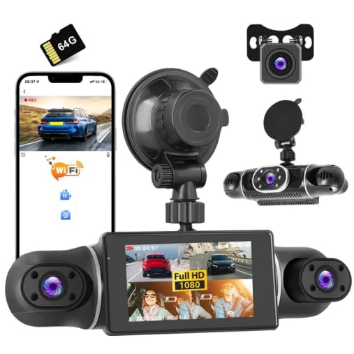 Dashcam Coche de 4 Canales, Delantera y Trasera, 1080p, Cámara para Coche de 360° con Tarjeta SD de 64 GB, Pantalla IPS de 3", WiFi, Gran Angular, Visión Nocturna IR, Sensor G, Grabación en Bucle
