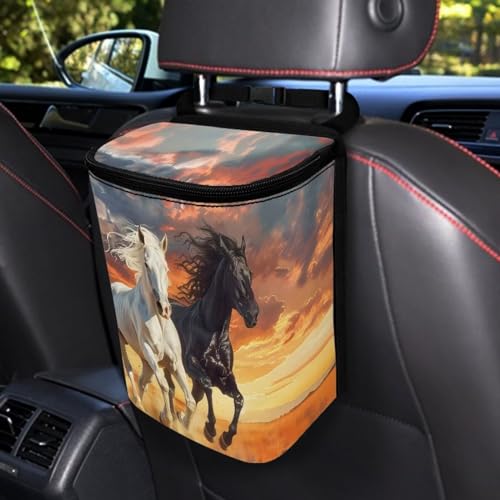 Image of Talayituse Horse Sunset Print Car Trash Can with Adjustable Straps, Foldable Car Trash Bag Bin Car Garbage Bag Multipurpose Storage Box for Vehicle Travel Camping Picnicing