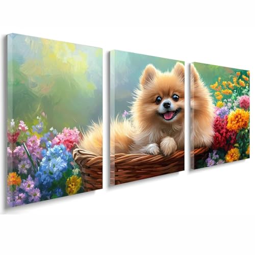 Cuadros Decoracion Salon Modernos, 3 Pcs Marco de Madera Cuadros Perro Posters para Pared Lienzo Pintura Paisaje Wall Art Imagen Decoracion Dormitorios Cocina Baño Pasillo Pared 25x35 cm 1f-673