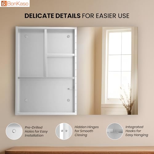 Image of BonKaso Premium SS 304 Bathroom Mirror Cabinet | Wall-Mounted Stainless Steel Storage Cabinet with Frameless Mirror (16x24 Inch, Chrome Finish)